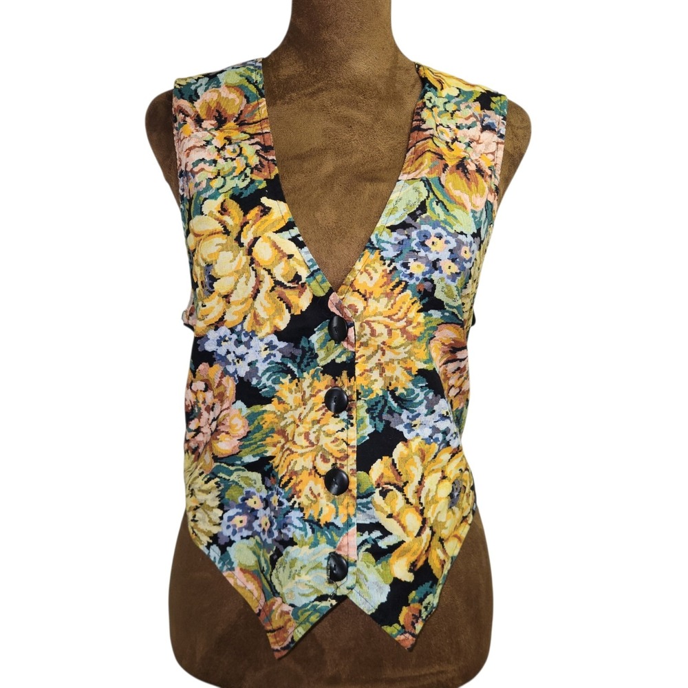 Vtg BYER California Floral Tapestry Vest Size‎ Small 90s Tie Back Cottagecore